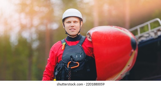 Banner Extreme Sport. Portrait Kayaker Of Smiling Man Holding Red Kayak Boat Against Car.