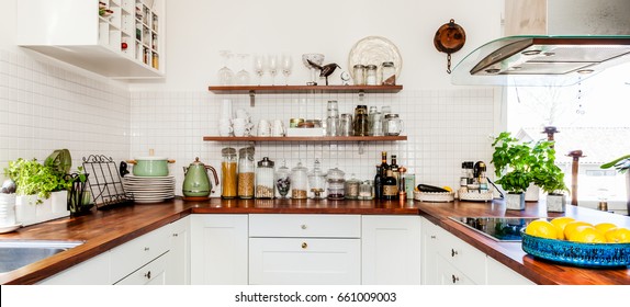 Banner Of Fancy Kitchen Interior With Wooden Counter Top 