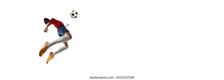 Banner. Female athlete, soccer player jumping in mid-air to hit ball with chest in intensive moment of game against white background. Concept of women and sport, team games, movement, victory, action. - Powered by Shutterstock