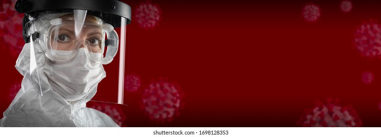 Banner of Female Doctor or Nurse In Medical Face Mask and Protective Gear With Coronavirus Behind. - Powered by Shutterstock