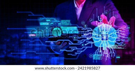 Banner futuristic businessman on background raise hand to touch AI chipset that have holographic show chipset setting on brain control about lifestyle , investment , and business , technology in brain