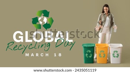 Banner for Global Recycling Day with woman sorting garbage