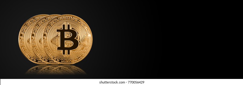 Banner Gold Bitcoin on isolated copyspace black for text.