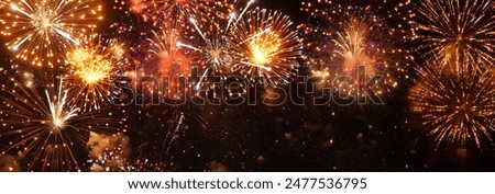 Banner Golden Firework celebrate anniversary independence day night time celebrate national holiday. Countdown 2024 party time event. Happy new year 2025 4th of july holiday festival with copy space