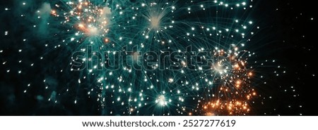 Banner Green firework in night time celebrate national holiday. Green Firework celebrate anniversary happy new year 2025 4th of july holiday festival. Countdown New year 2025 festival with copy space