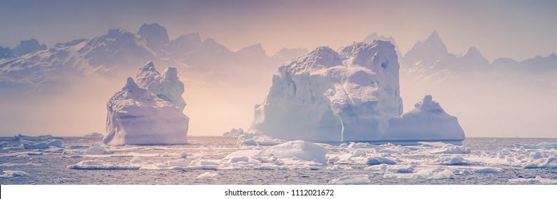 Banner Of Greenland And Amazing Iceberg On The Sea, We Can Still See This Before Complete Climate Change
