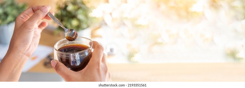 Banner Hands Of Woman Sitting Office Desk Holding Sweet Coffee Cup Relax And Enjoy With Happy Time. Panorama Hot Coffee Mug. Woman Holding Coffee Cup Relaxing After Work At Office In Cafe Copy Space