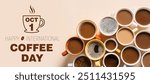 Banner for Happy International Coffee Day with hot brewed beverage in cups