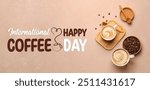 Banner for Happy International Coffee Day with hot cappuccino in cups