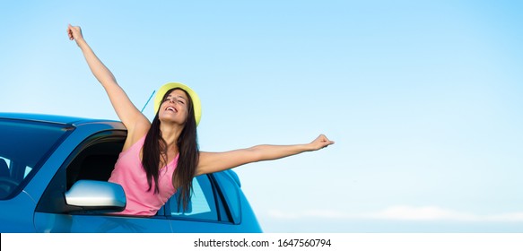 Banner Of Happy Joyful Car Driver Relaxing And Enjoying Freedom During Road Trip Vacation. Transport Rental And Success Concept.