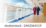 Banner of a Happy Senior Adult Couple Strolling Along the Cruise Ship Deck Exercising On a Crisp Fall Morning.