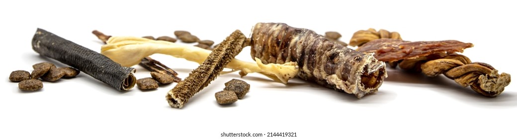 Banner Or Header With A Group Of Dog Treats Or Snacks Like Rumen, Ears, Bones And Dental Chew