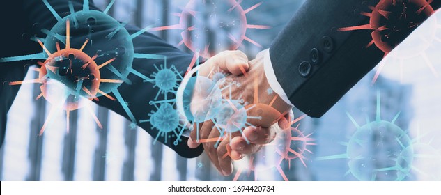 Banner Header Panoramic Horizontal-close Up Businessmen Handshake Business Deals In Urban Center,concept Hand Touch And Outbreak Epidemic Of Pandemic Worldwide Of Coronavirus Or Covid Virus 19 