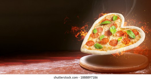 Banner With Heart Shaped Pizza And Place For Text