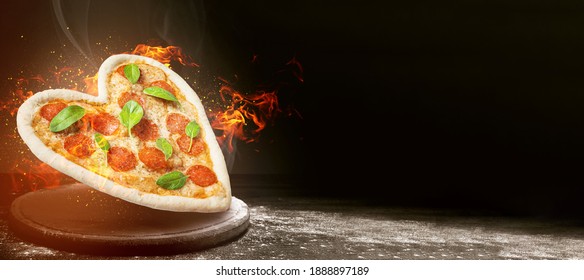 Banner With Heart Shaped Pizza And Place For Text