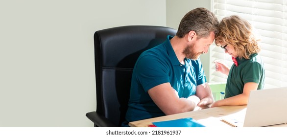 Banner Of Home School Of Father And Son With Laptop At Home, Friendship. Father And Son In Glasses Use Computer. Family Blog. Nerd Boy Do Homework