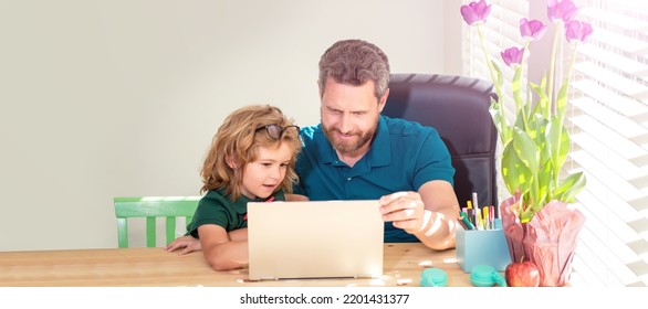 Banner Of Home School Of Father And Son With Laptop At Home, Bearded Dad Or School Private Tutor Teaching Boy Son With Modern Laptop, School