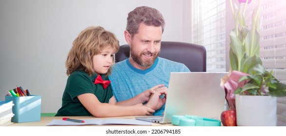 Banner Of Home School Of Father And Son With Laptop At Home, Cheerful Father And Son Use Computer At Home. Family Blog. Boy Do Homework With Private Teacher.