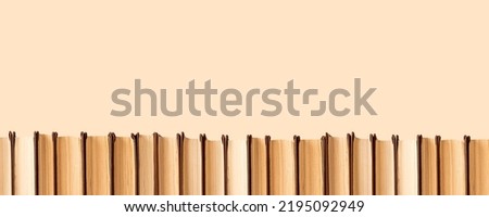 Banner with horizontal books border on pastel background. Education, wisdom concept. Row of hardcover novels, encyclopedias, guides. Place for text. High quality photo