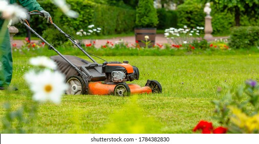 Banner. A Human Lawn Mower Cuts The Grass In The Backyard. Agricultural Machinery For The Care Of The Garden.