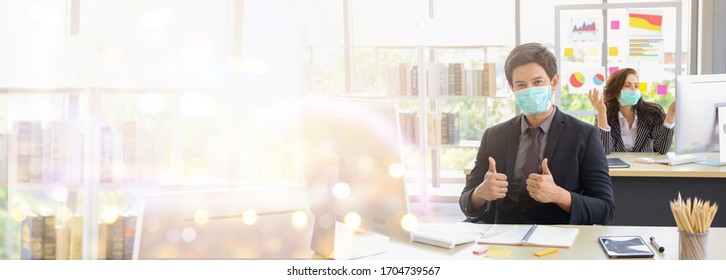 Banner Image Of Business People Wear Mask While Working In Office With Copy Space