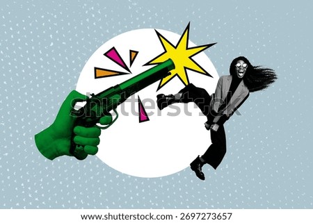 Banner image pop artwork 3d photo collage of happy girl dance hand hold pistol shooting victim killer injury bullying pressure