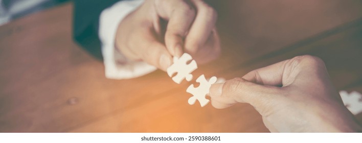 Banner Implement puzzle improve hand holding together solve synergy organize team connection plan trust strategy. Stakeholder business trust teams hands holding jigsaw puzzle synergy with copy space