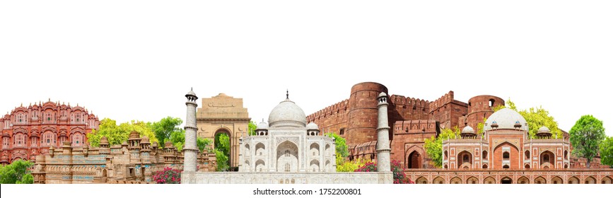 Banner with indian landmarks isolated on white background