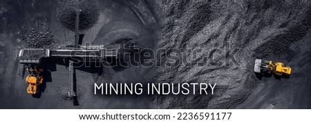 Banner industry coal factory mining. Open pit mine with yellow track, top view aerial drone.