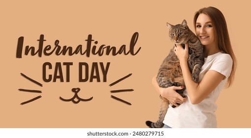 Banner for International Cat Day with young woman and cute pet - Powered by Shutterstock