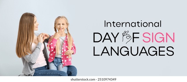 Banner for International Day of Sign Languages with little deaf mute girl and her mother - Powered by Shutterstock