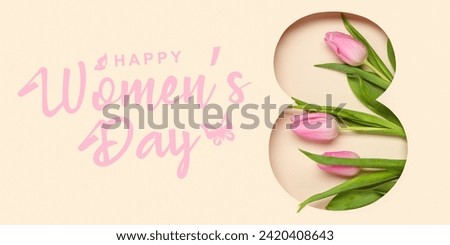 Banner for International Women's Day with figure 8 and beautiful tulips on beige background
