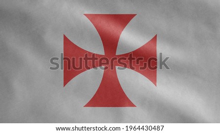 Banner of the knights templars, the Catholic military order medieval. Close up flag of poor fellow soldiers of christ and temple of solomon. Cloth fabric texture ensign background