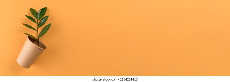 Banner with kraft paper coffee cup with green leaves - biodegradable, compostable paper utensils for hot drinks. Paper cup on orange background with copy space, environmental conservation concept