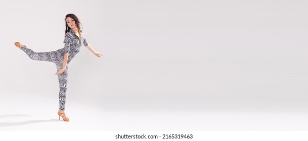 Banner Latin Dance Bachata Lady Jazz Modern And Vogue Dance Concept - Beautiful Young Woman Dancing On White Background With Copy Space