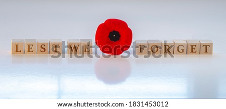 Banner Lest we forget, text on wood blocks with a poppy flower. Concept: Remembrance Day.