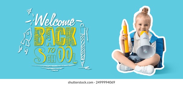 Banner with little girl with big pencil, megaphone and text WELCOME BACK TO SCHOOL on blue background - Powered by Shutterstock