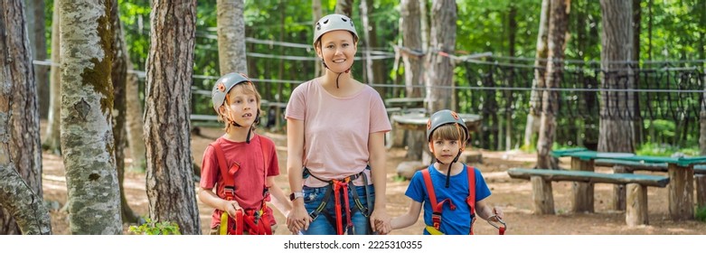 BANNER, LONG FORMAT Friends on the ropes course. Young people in safety equipment are obstacles on the road rope Portrait of a disgruntled girl sitting at a cafe table - Powered by Shutterstock