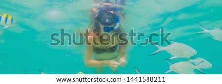 BANNER, LONG FORMAT Happy woman in snorkeling mask dive underwater with tropical fishes in coral reef sea pool. Travel lifestyle, water sport outdoor adventure, swimming lessons on summer beach