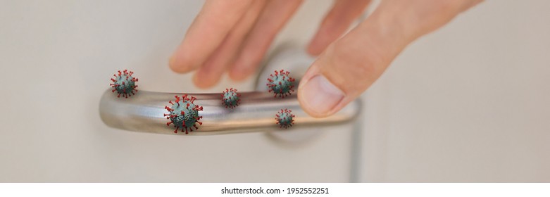 BANNER, LONG FORMAT Viruses On The Doorknob. Coronovirus COVID 19. Human Life Through Which Germs And Viruses Spread, Door Handle. The Concept Of Germs Sitting On The Door Handle