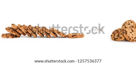 Banner with lots of delicious freshly baked crunchy homemade chocolate chip cookies isolated on white with copyspace