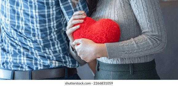 banner of Lover couple happy in love relaxing on sofa looking in eye smiling teasing with big red heart shape pillow in valentine day honeymoon. teasing teasing with red heart pillow. - Powered by Shutterstock