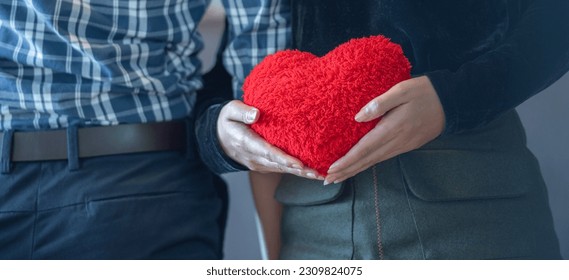 banner of Lover couple happy in love relaxing on sofa looking in eye smiling teasing with big red heart shape pillow in valentine day honeymoon. teasing teasing with red heart pillow. - Powered by Shutterstock