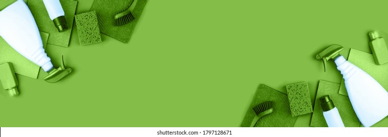 Banner Made From House Cleaning Products Are On Green Background. Cleaning Concept.