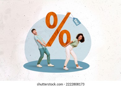 Banner magazine collage of two people holding big percent sign mega sale concept on painted background