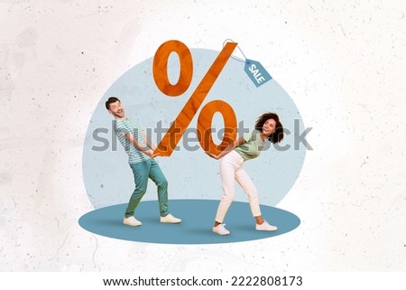 Banner magazine collage of two people holding big percent sign mega sale concept on painted background