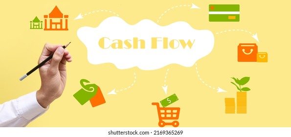 Banner With Male Hand Holding Pencil And Text CASH FLOW On Yellow Background