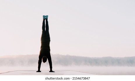 Banner of a man doing yoga in the morning. Healthy lifestyle concept.