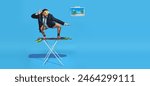 Banner. Man stands on ironing board dressed in half in formal attire and diving mas as if he surfing against blue background. Concept of pop art, remote work, recreation, lifestyle, fashion and style.