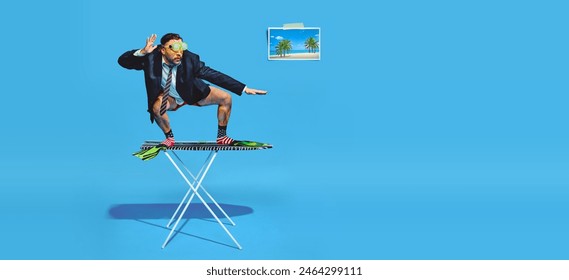 Banner. Man stands on ironing board dressed in half in formal attire and diving mas as if he surfing against blue background. Concept of pop art, remote work, recreation, lifestyle, fashion and style.